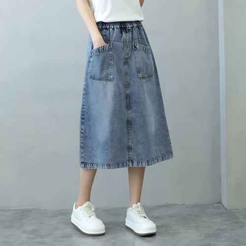 Year's Elastic Waistline Mid-length Slimming Split Denim Skirt with Large Pockets