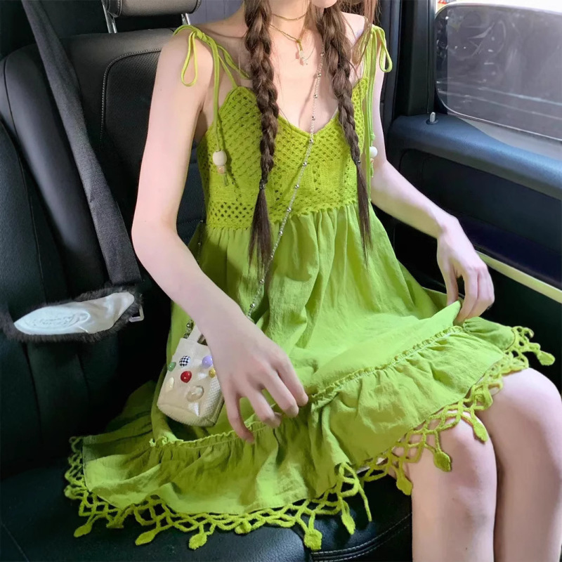 Bohemian Style Avocado Green Tassel Sleeveless Suspender Dress Women's Summer Doll Skirt Dopamine Skirt Bohemian Style Avocado Green Tassel Sleeveless Suspender Dress Women's Summer Doll Skirt Dopamine Skirt