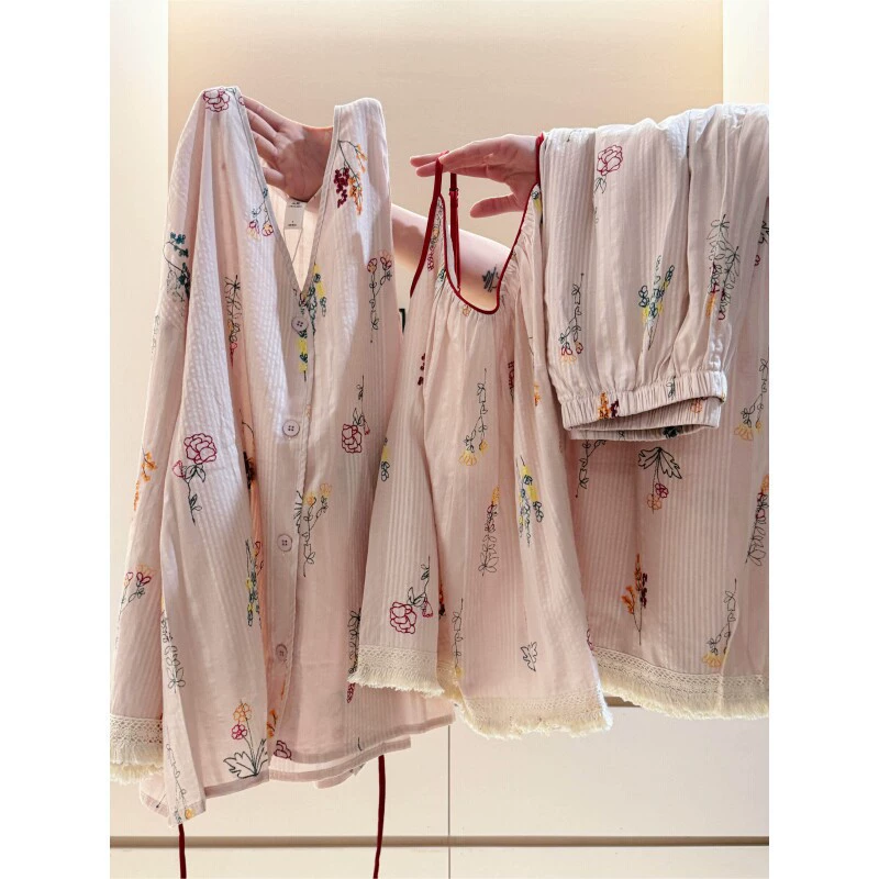 Cute retro spring pijama, summer trousers, cardigan, set, V-neckline, flowered, 3 piece set