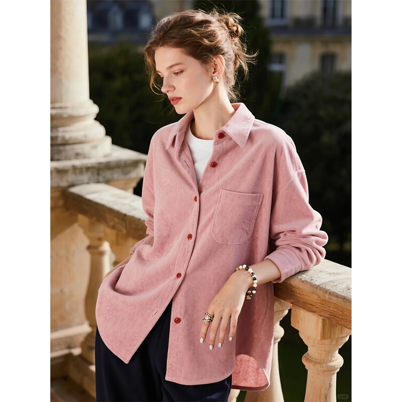 Elegant and Sophisticated, Versatile for Work, Simple and Fashionable, 2026 Spring Pink Brushed Corduroy Turn-Down Collar Shirt for Women