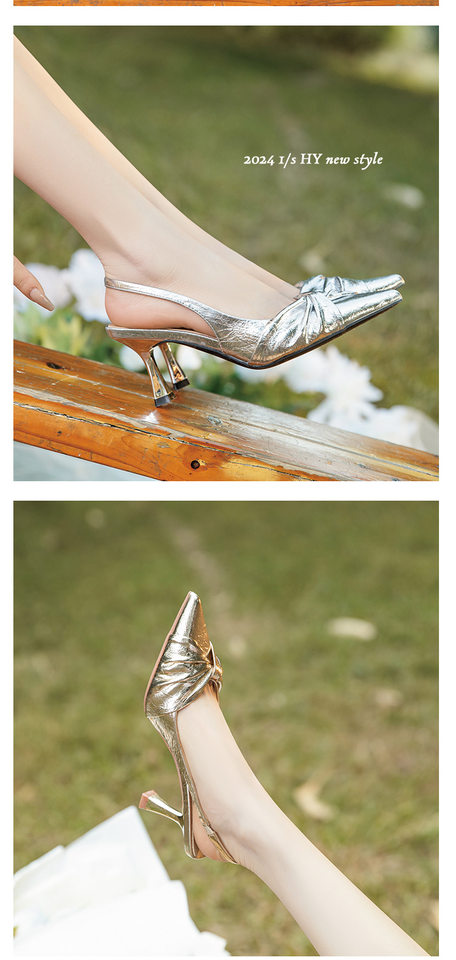 Giày sandal nữ bít mũi mũi nhọn gót mảnh quai ngang, gót 6–8 cm — Màu bạc, Màu trắng be, Màu vàng chi tiết 10