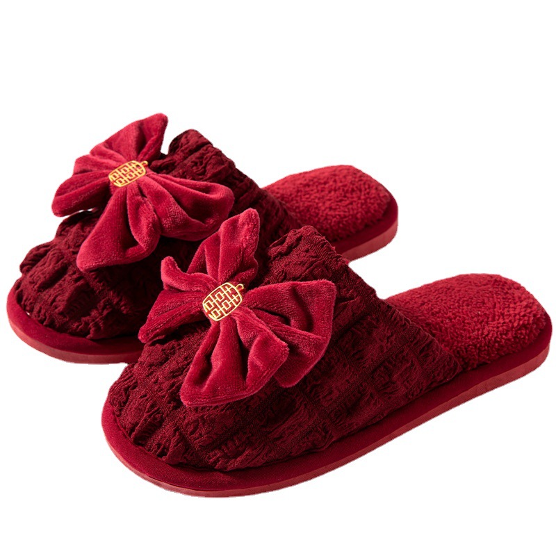 Zapatillas de algodón de boda invierno pareja de la boda de las mujeres par rojo festivo de interior antideslizante cálido Zapatillas de algodón de los hombres image 5