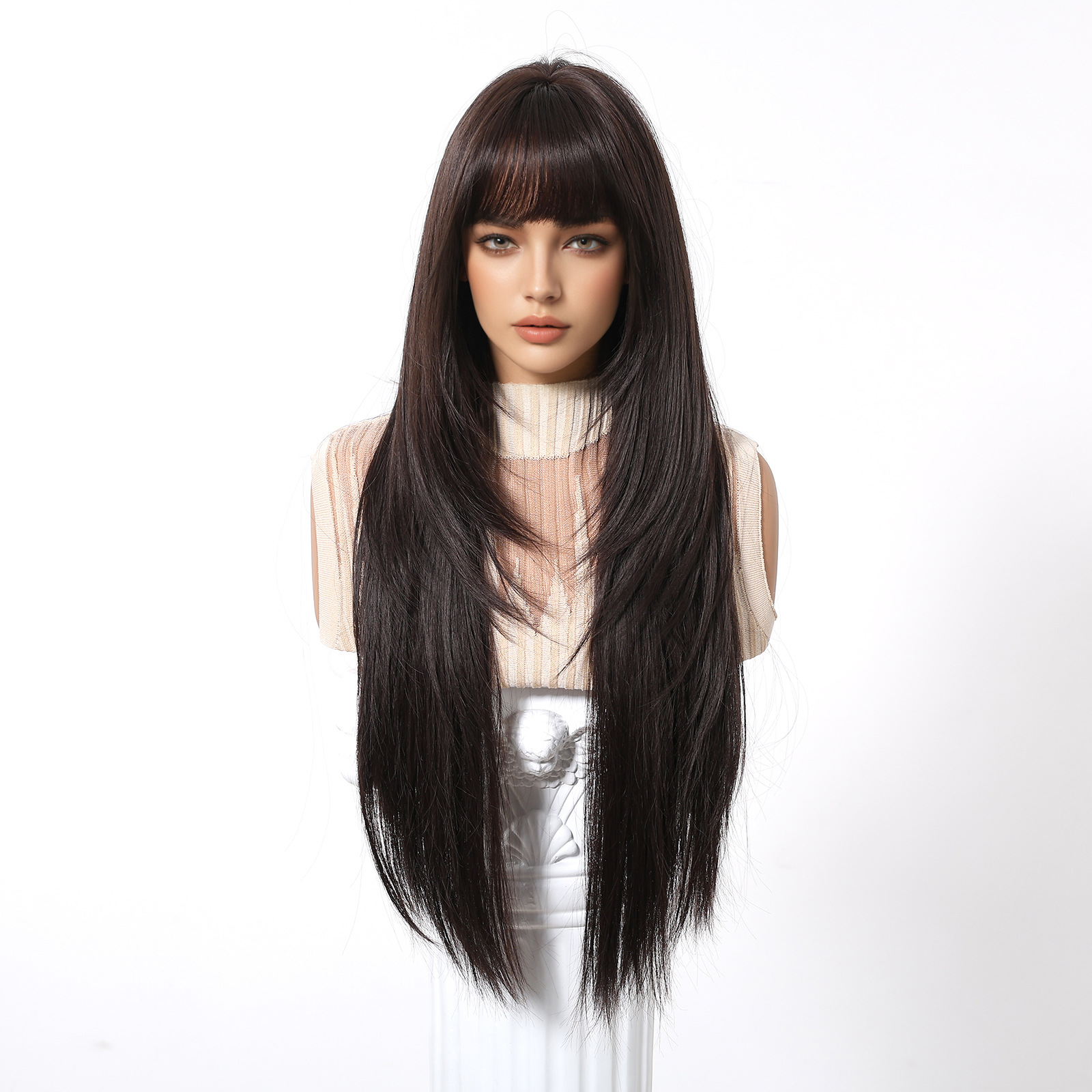 Peluca, cabello largo para mujer, nuevo producto, flequillo de ocho caracteres, blanco plateado degradado, temperamento natural, cabeza alta, cabello largo y liso, cubierta completa