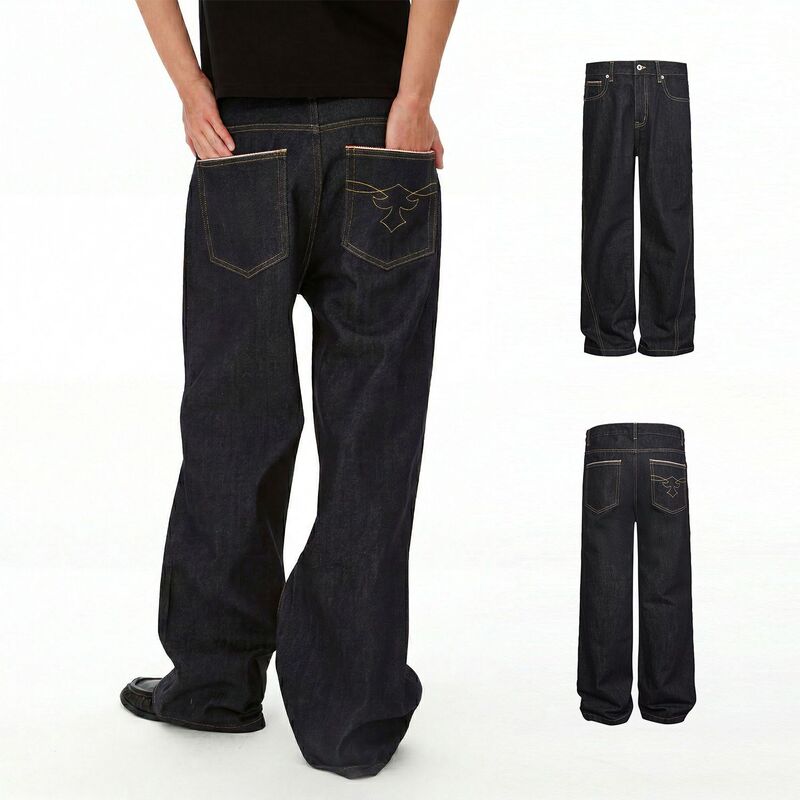 Eme Yishengyi American Retro Cut Denim Original Color Jeans High-Waisted Loose Wide-Leg Pants for Men and Women Eme Yishengyi American Retro Cut Denim Original Color Jeans High-Waisted Loose Wide-Leg Pants for Men and Women