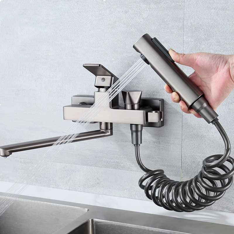 Grifo de pared uno por uno, lavabo de baño de agua fría y caliente, balcón, cocina, pistola negra, lavabo de verduras dorado gris