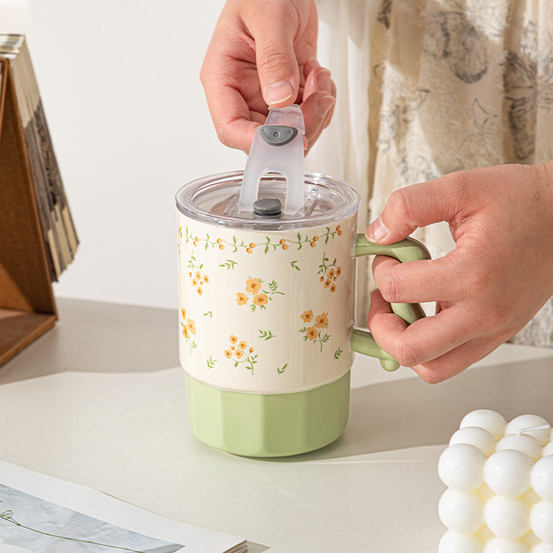Taza de cerámica con pajita, taza de café para el hogar, taza de té, taza con tapa, gran capacidad, regalo para el Día de San Valentín