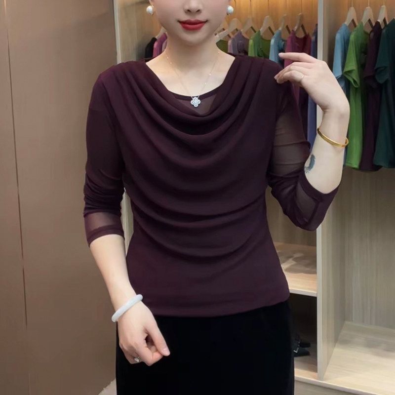 Women's long-sleeve mesh top with a stylish and slimming effect, featuring a stacked collar, solid color, simple design, versatile as a base layer Women's long-sleeve mesh top with a stylish and slimming effect, featuring a stacked collar, solid color, simple design, versatile as a base layer