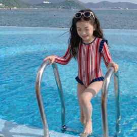 女童泳衣儿童泳装夏季新款长袖游泳裙儿童连体红色条纹泳装套装薄