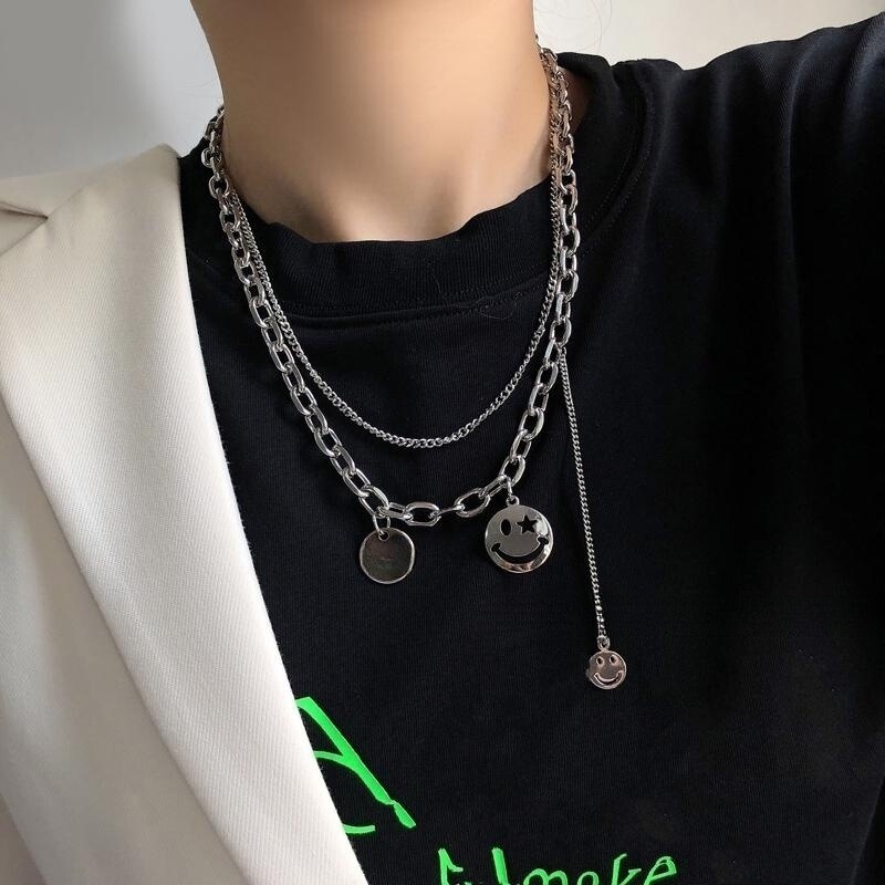 Smiley titanium steel necklace men's fashion brand all-matching accessories women's ins hip hop cold style niche design sense sweater chain Smiley titanium steel necklace men's fashion brand all-matching accessories women's ins hip hop cold style niche design sense sweater chain