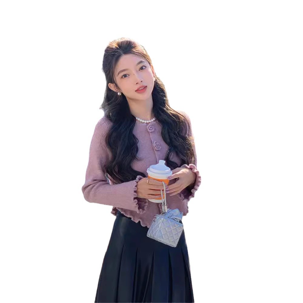 ChicShe ChicShe 2024 Cardigan lavorato a maglia color camelia viola per donna, stile coreano, inizio autunno, unico e bellissimo, cappotto corto versatile_voghion.com