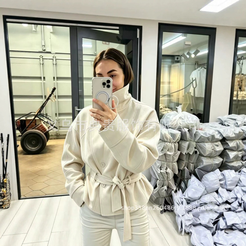 European and American style short suede trench coat for women, faux suede stand-up collar jacket, versatile tie-waist coat for women European and American style short suede trench coat for women, faux suede stand-up collar jacket, versatile tie-waist coat for women