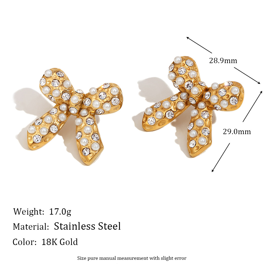 Pearl Zircon Inlaid Bow Stainless Steel Earrings