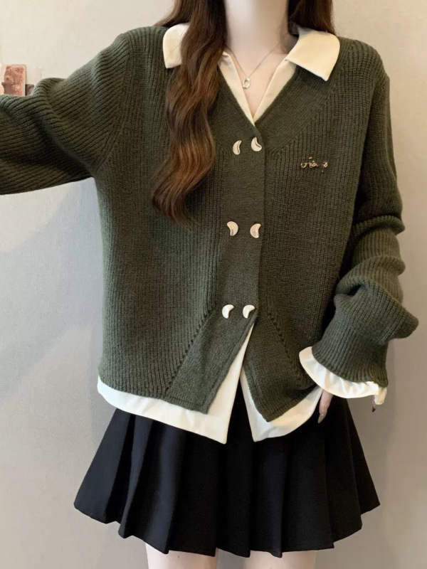 设计感撞色假两件针织开衫女2025秋冬新款气质宽松学院风毛衣外套|undefined