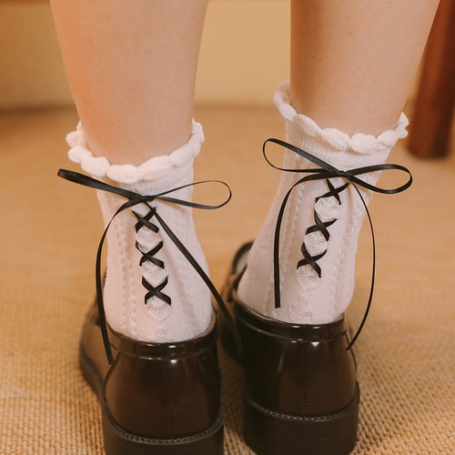Japanese lolita white socks women's heel strap bow jk girl princess socks love lace mid-calf socks