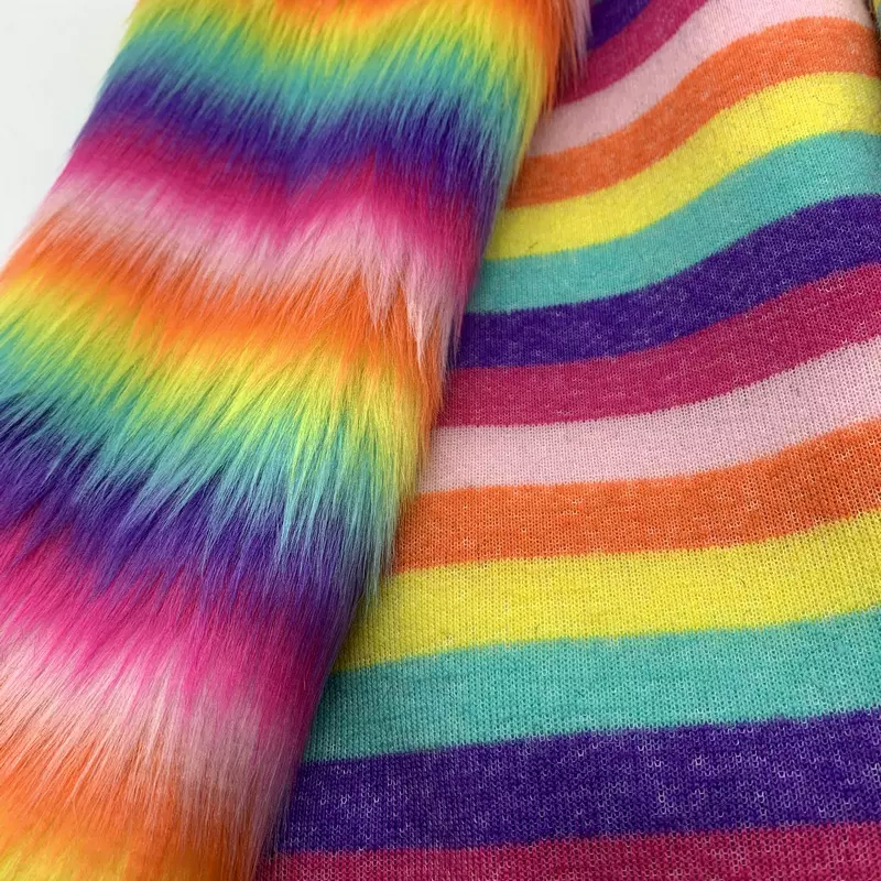 厂家供应人造毛皮面料 六色提花彩条海派长毛绒 女装外套服装布料