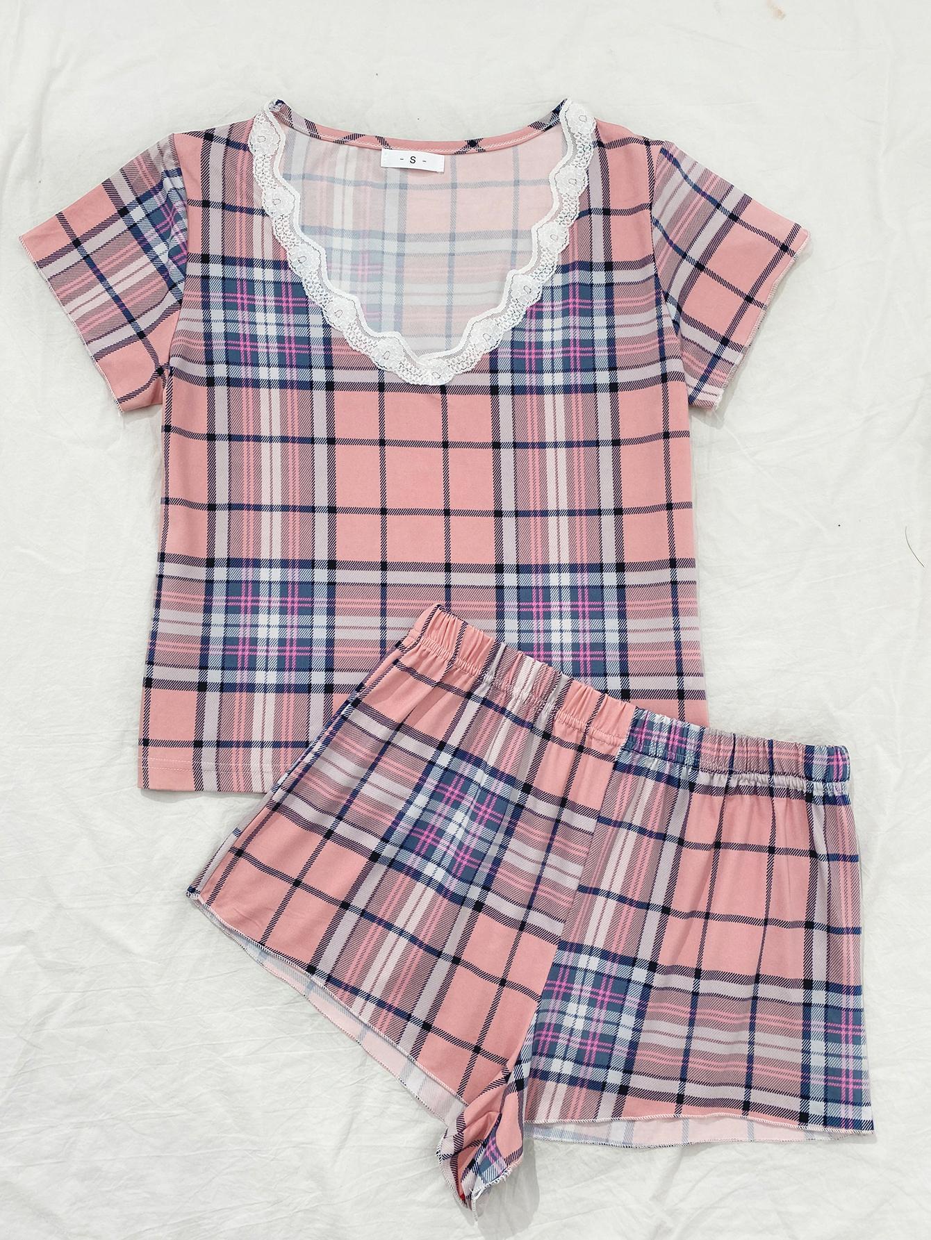 short-sleeved v neck loose plaid print lace tops shorts Loungewear-Can be worn outside NSWFC130411