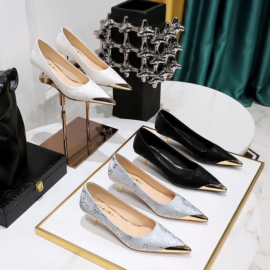 Women's Shoes Fine Heel Middle Heel Shallow Metal Pointed Toe Digital Pattern Satin Single Shoes_voghion.com