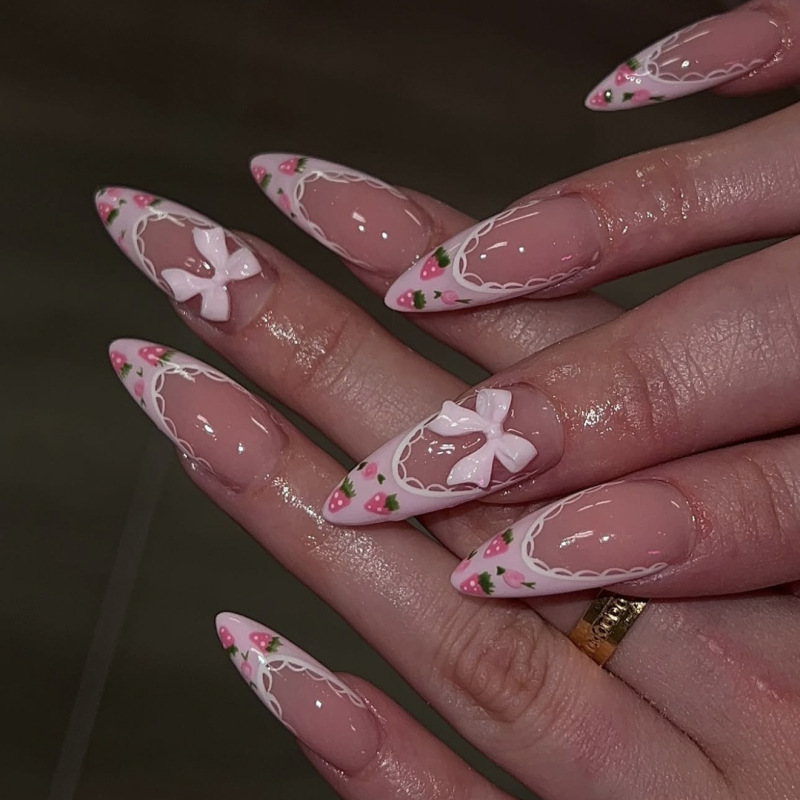 French Strawberry Hot-Selling Wearable Nails Short Almond-Shaped Three-Dimensional Bow Manicure Fake Nails Foreign Trade Nail Polish Wholesale
