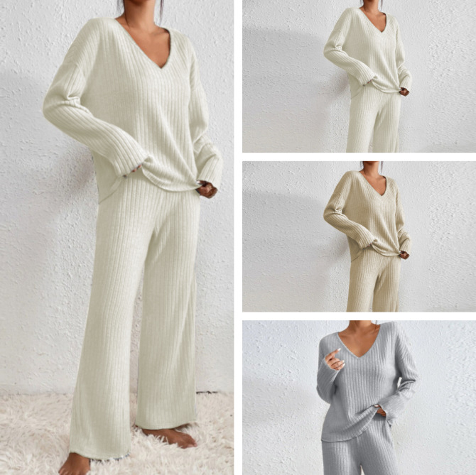 2025秋冬欧美亚马逊Wish热销新款 V领宽松休闲坑条磨毛长袖套装女