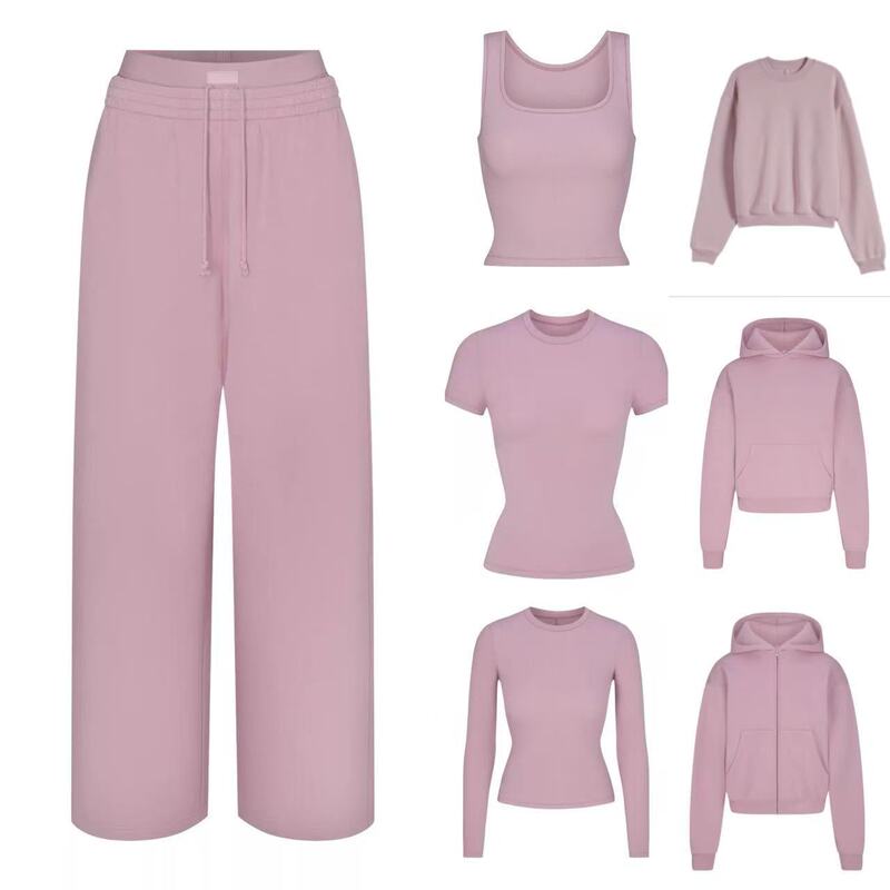 Kardashian SKIMS pink and purple series hooded sweatshirt, ribbed long-sleeve, short-sleeve vest, fleece sweatshirt, jacket, pants Kardashian SKIMS pink and purple series hooded sweatshirt, ribbed long-sleeve, short-sleeve vest, fleece sweatshirt, jacket, pants