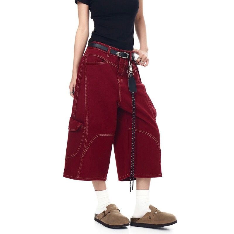 American Retro Deconstructed Open Line Multi-Pocket Cordwork Pants for Men and Women Summer Loose Design Sense Denim Capri Pants Trendy