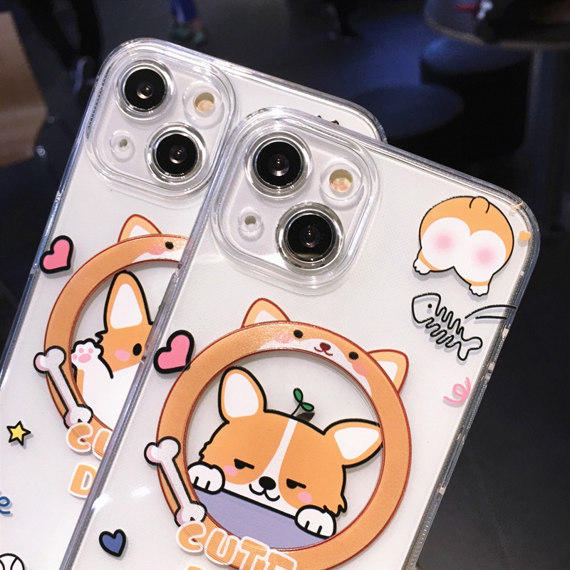 Applicable au téléphone portable iPhone 15 Apple 14 chien corgi transparent 13 étui de protection complet en TPU à aspiration magnétique 11_voghion.com