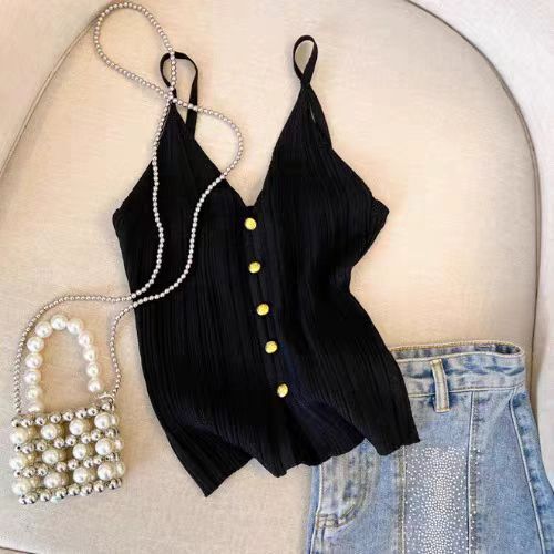 French V-neck Single-breasted Knitted Sling Women's Summer Outer Wear Sleeveless Vest Pure Strapless Short Top French V-neck Single-breasted Knitted Sling Women's Summer Outer Wear Sleeveless Vest Pure Strapless Short Top