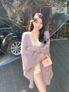 紫色马海毛针织开衫女春秋穿搭慵懒风宽松蝙蝠袖披肩毛衣外套薄款