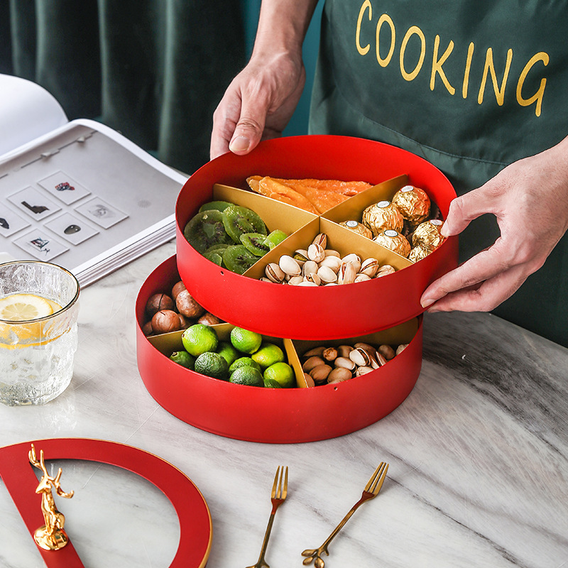 Hogar sala de estar Luz de lujo doble capa compartimiento giratorio fruta seca snack fruta placa té Mesa creativa boda dulces caja de almacenamiento