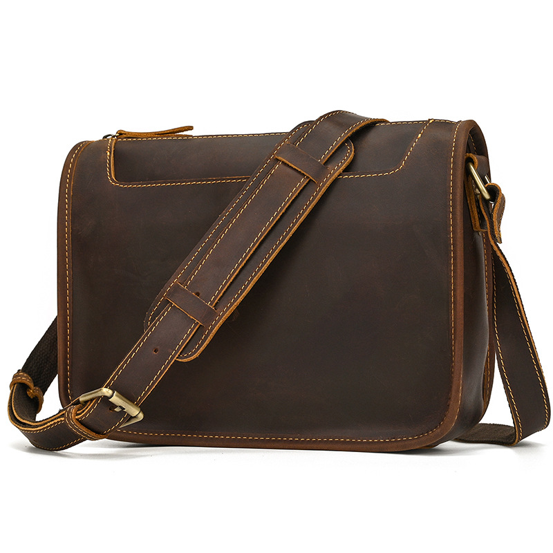 メンズ本革ショルダーバッグ、クレイジーホースレザークロスボディバッグ、トップグレイン牛革フリップカバーショルダーバッグ、iPadバッグ、越境専用