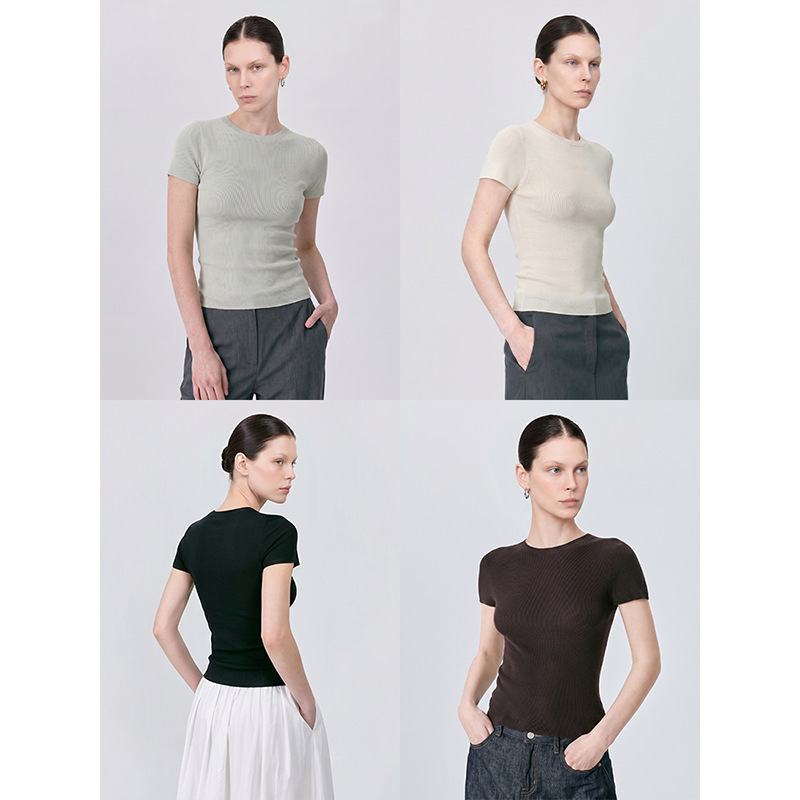 "White Dew" Mulberry Silk Tencel Seamless Round-Neck Knit Short-Sleeve Slim-Fit Lightweight Base Shirt Versatile Knit Top