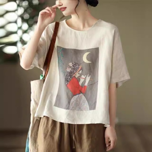 Cotton and Linen Women's Short Sleeve T-Shirt  Summer New Women's Top Loose Retro Print Plus Size Women's T-Shirt Trendy