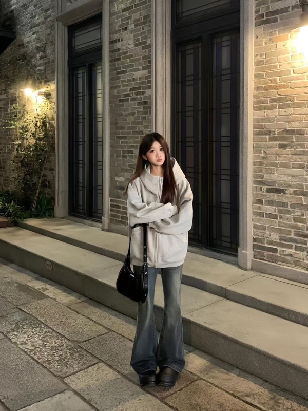 美式复古高领开衫刺绣卫衣女春秋连帽上衣设计感小众宽松情侣外套|undefined
