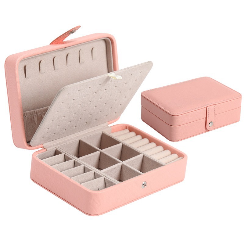 En stock nueva caja de joyería portátil de cuero de doble capa simple pendientes anillo caja de joyería caja de almacenamiento al por mayor