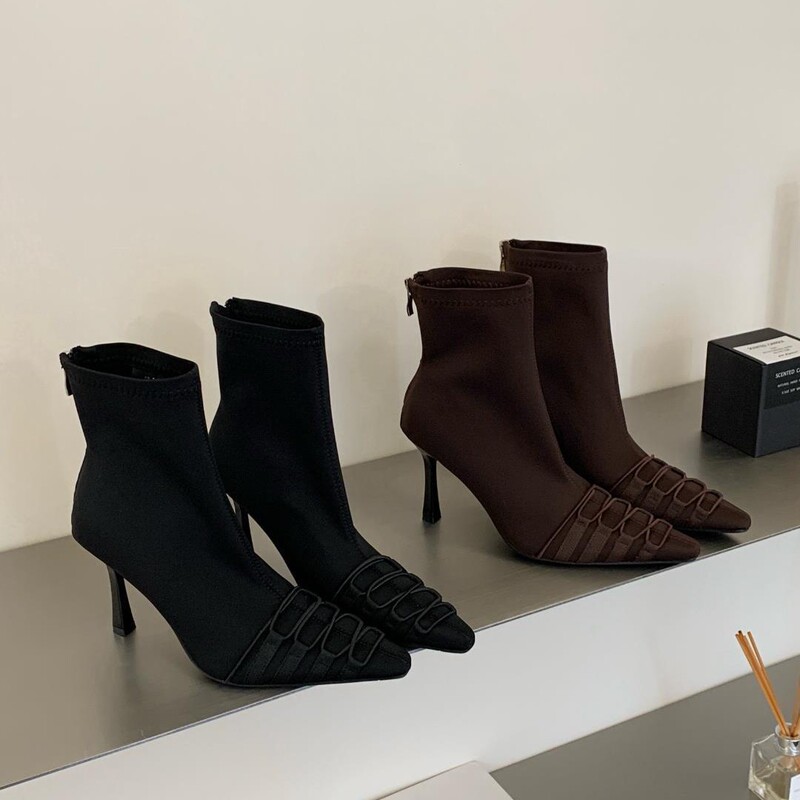 Women's elastic knit patchwork ankle boots! Pointed toe, stiletto heel, back zipper design, ankle-hugging, slimming high heels