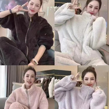 珊瑚绒加绒加厚立领开衫暖绒拉链睡衣家居服女小香风长袖保暖套装