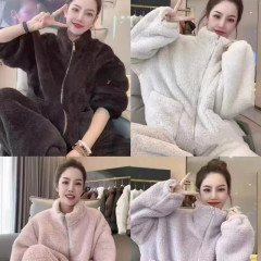 コーラルベルベットのベルベットの厚いスタンドカラーのカーディガンの暖かいベルベットのジッパーのパジャマの家の服の女性の小さな香りの長袖の保温スーツ