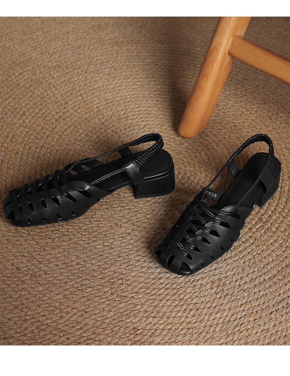 Dép sandal nữ da cừu bện mũi kiểu Pháp, gót thấp, quai chữ V đa năng — đen chi tiết 23