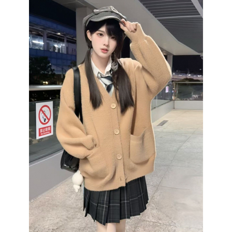 ミンクパイルのカーディガン学院の毛むくじゃら減齢fufu春のゆるい小柄なニットセーターjkコートの女性|undefined