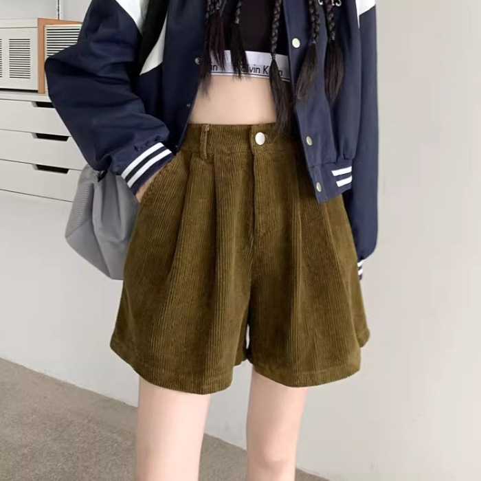 2025 新しい複合ミルクシルクコーデュロイショーツ女性の秋のハイウエスト A ラインワイドレッグパンツカジュアル 5 分パンツ