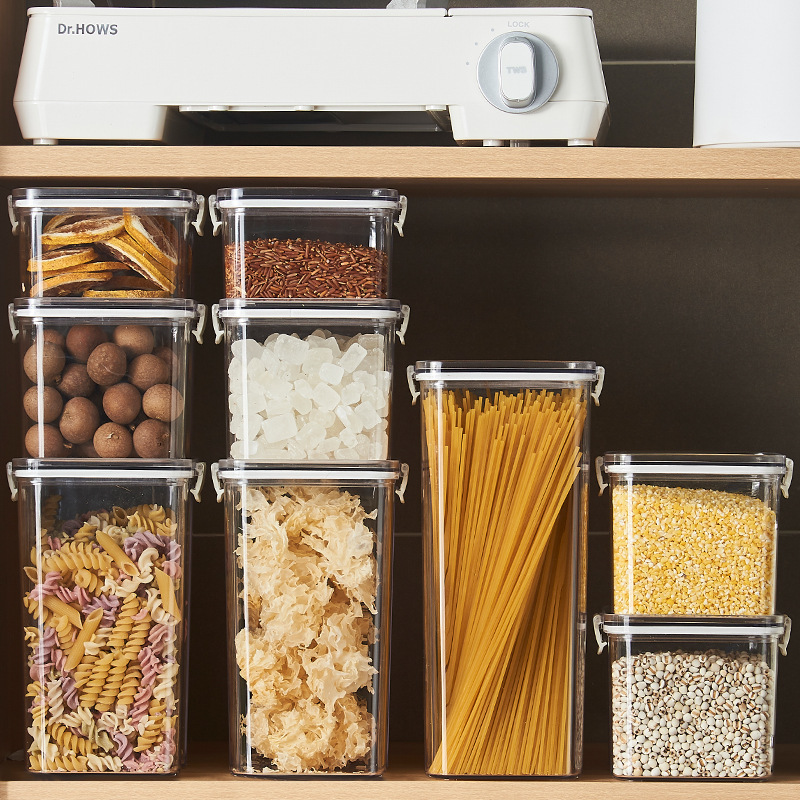 Grado alimenticio grano plástico sellado lata transparente superposición refrigerador caja de almacenamiento fresco snack caramelo lata de almacenamiento