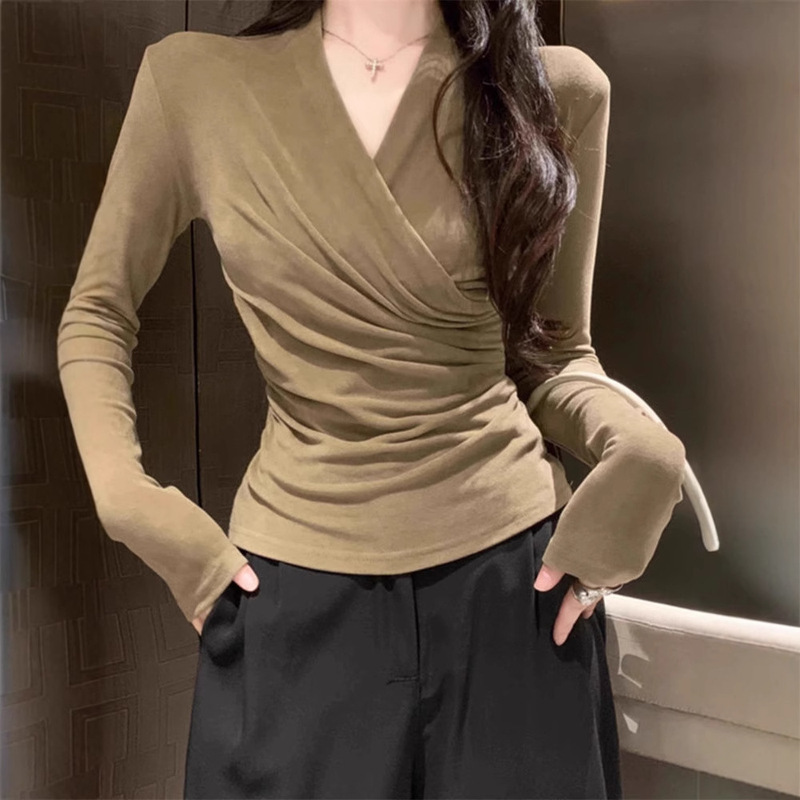 黑色打底衫女秋季高级感内搭修身长袖t恤法式掐腰v领交叉气质上衣|undefined