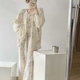 新中式睡衣女款春秋简约休闲婴儿纱布国风长袖长裤月子家居服大码