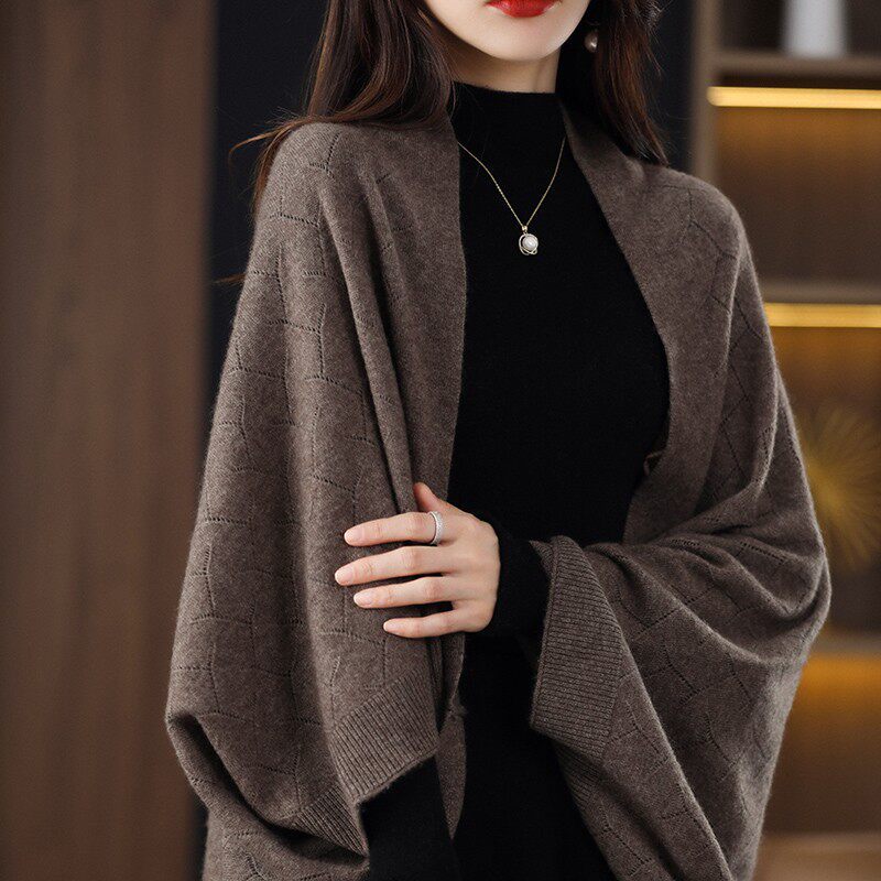 Knitted sweater, shawl, and scarf, dual-use for spring and autumn, loose-fitting cape with batwing sleeves, cardigan, warm faux wool cheongsam