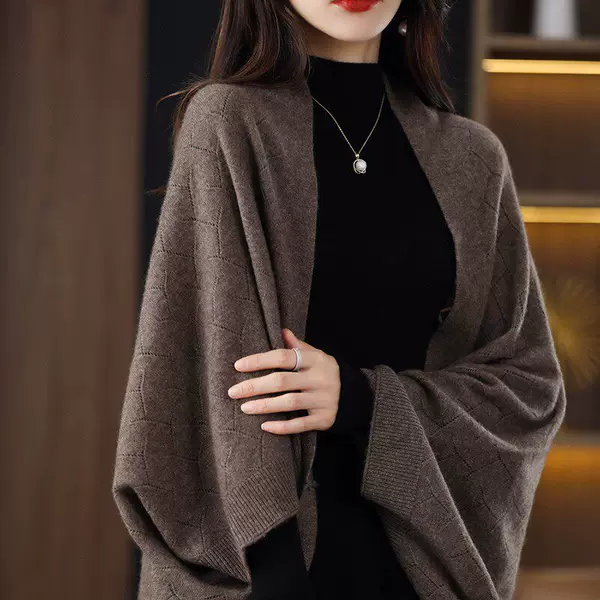 Knitted sweater, shawl, and scarf, dual-use for spring and autumn, loose-fitting cape with batwing sleeves, cardigan, warm faux wool cheongsam