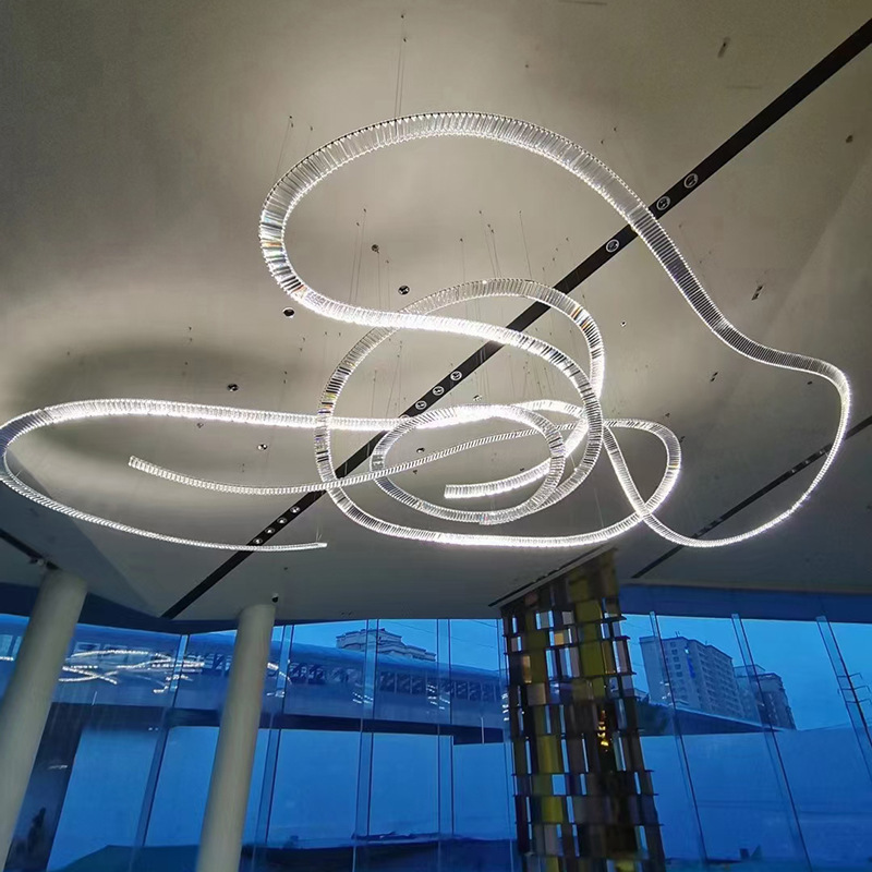 304不锈钢长条K9水晶异形飘带LED大吊灯别墅客厅挑空复式楼工程灯