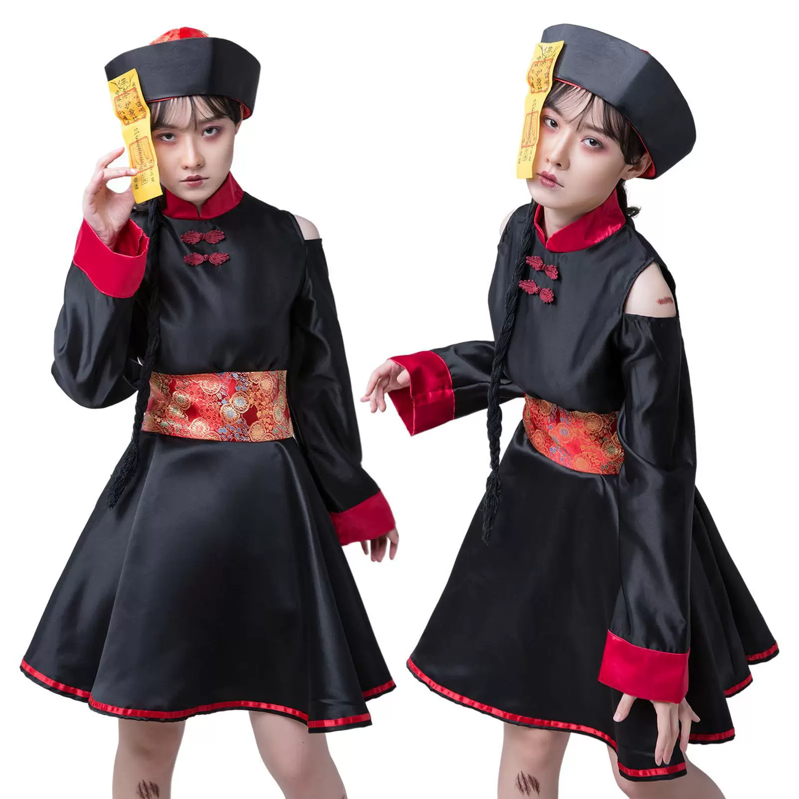 跨境万圣节僵尸服女裙僵尸骷髅旗袍服装僵尸连衣裙儿童成人套装
