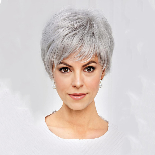 Overseas Bestselling Women's Silver Gray Side Parted Short Straight Hair Middle-Aged & Elderly Breathable Wigs Full Headset Wholesale