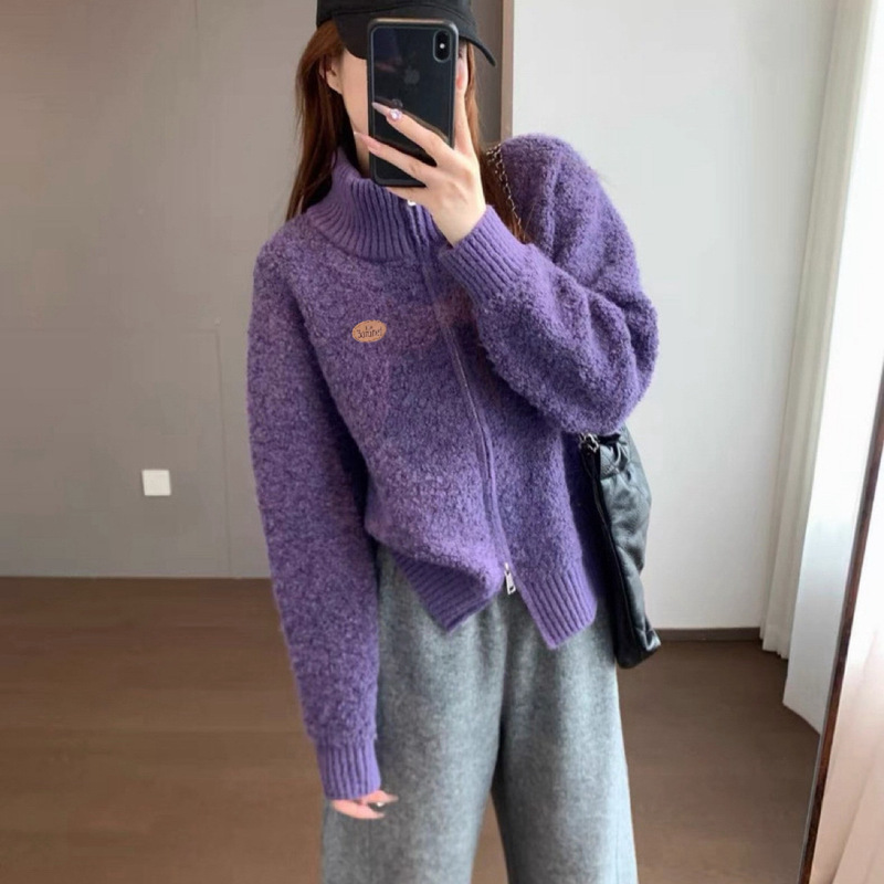 [Bajia Rolled Yarn] Korean Style Pure Color Stand-Up Collar Long-Sleeved Sweater Jacket Versatile Plush Warm Sweater Jacket