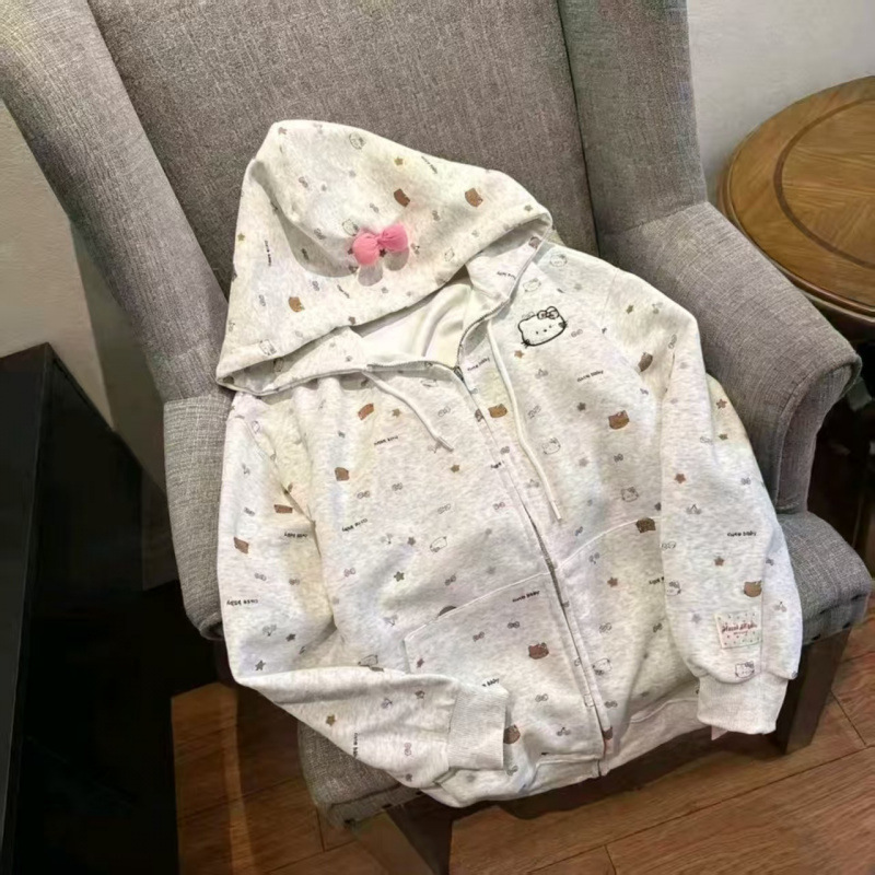 美式复古可爱小猫刺绣连帽卫衣男女秋冬宽松慵懒风情侣拉链外套潮